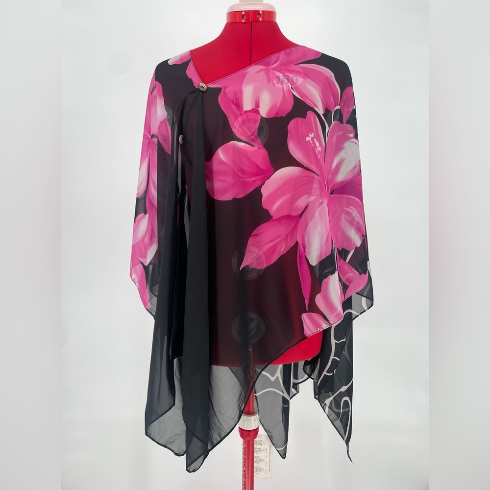 Y2K NWT Tropical Floral Sheer Chiffon Shawl Poncho Hawaiian Scarf W/ Buttons - Picture 2 of 9